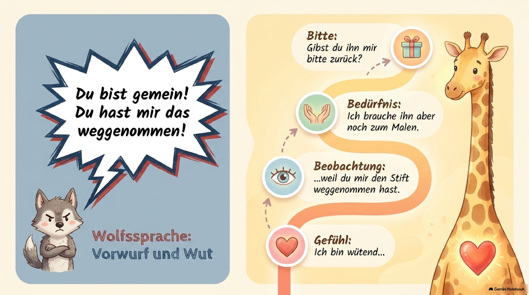 Wolfssprache versus Giraffensprache: Gefühl, Beobachtung, Bedürfnis, Bitte