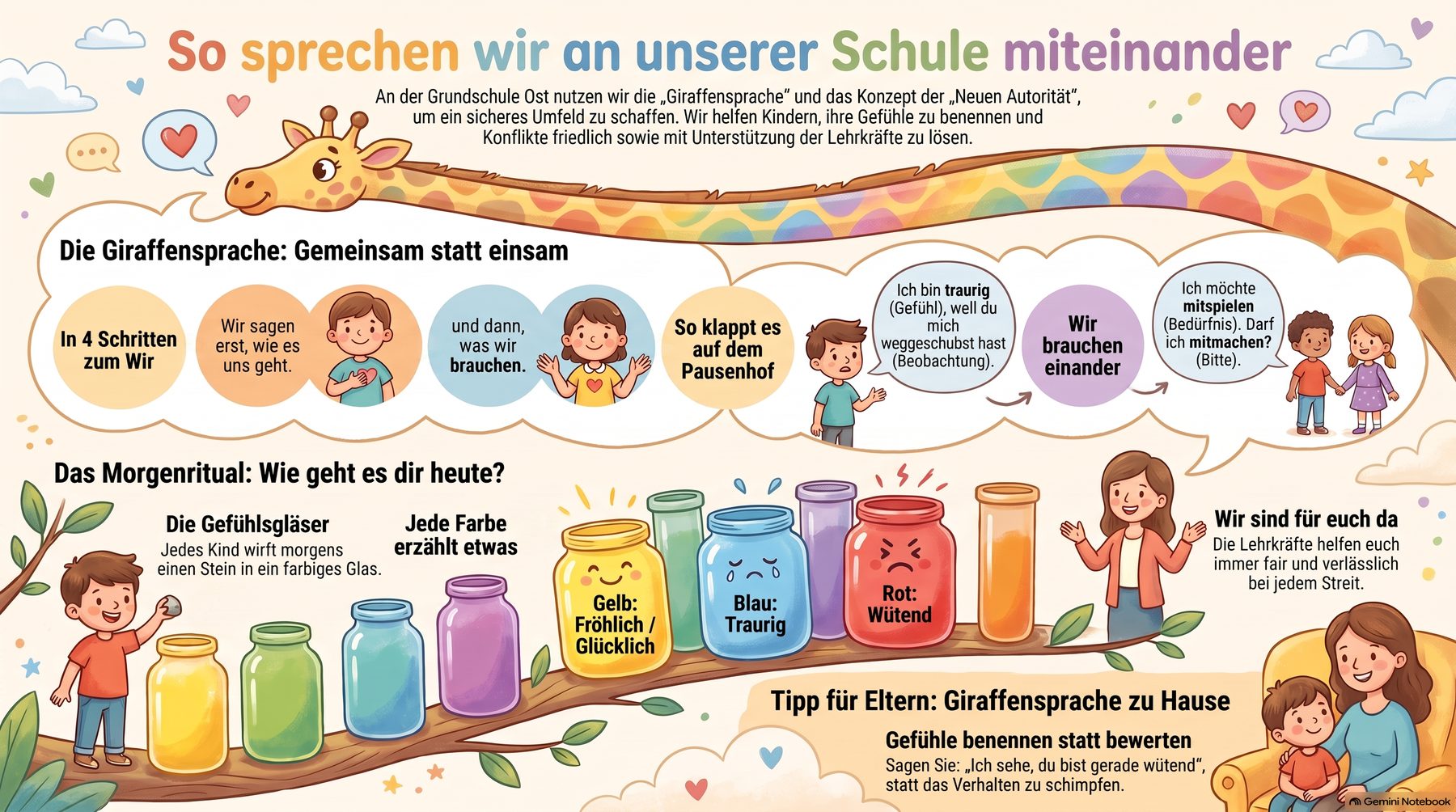 Übersicht: So sprechen wir an unserer Schule miteinander – Giraffensprache und Gefühlsgläser