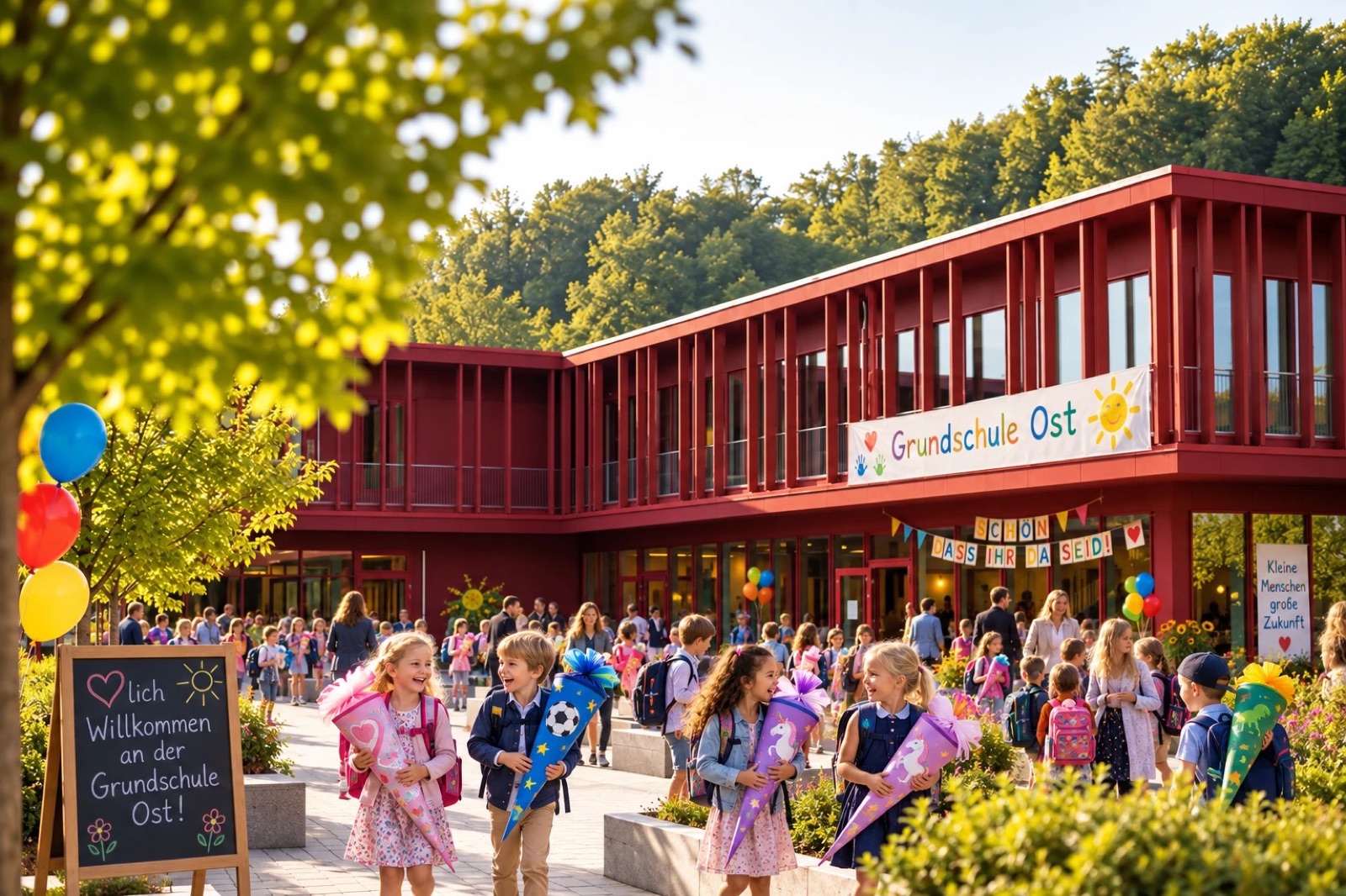 Illustration: Kinder mit Schultüten vor der Grundschule Ost am ersten Schultag