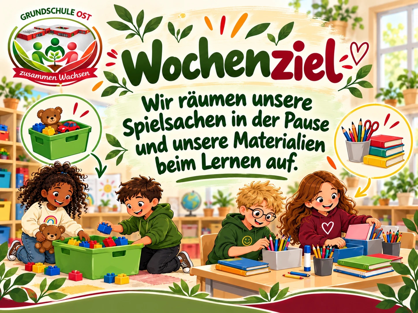 Kinder räumen Spielsachen in eine grüne Kiste und Stifte und Bücher an ihren Platz. Dazu steht: Wir räumen unsere Spielsachen in der Pause und unsere Materialien beim Lernen auf.