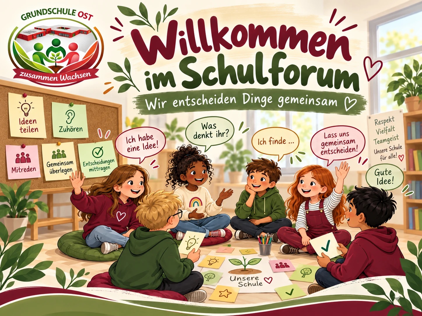 Kinder sitzen im Kreis auf Kissen und sprechen miteinander. Über ihnen steht: Willkommen im Schulforum – Wir entscheiden Dinge gemeinsam.