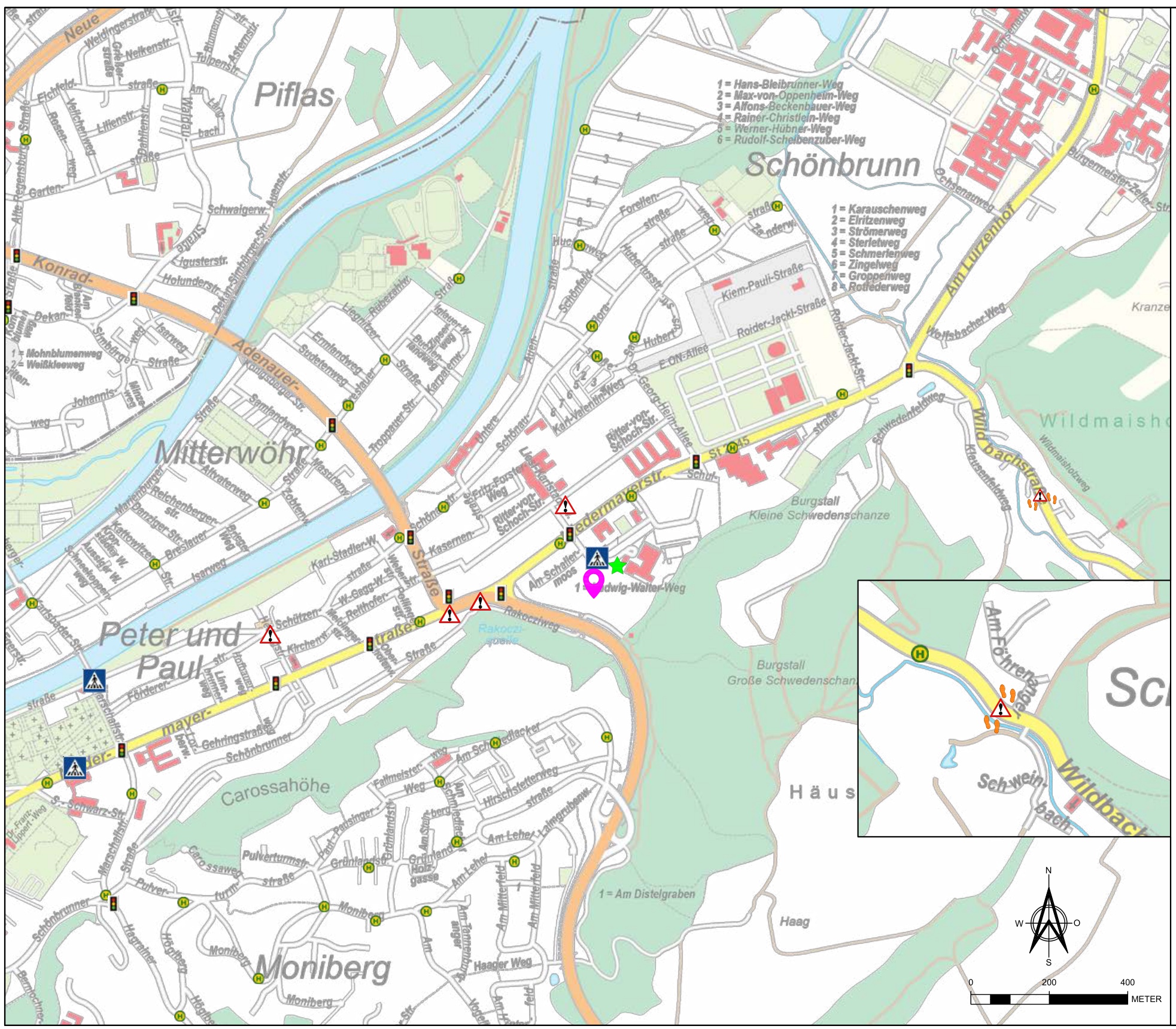 Schulwegplan der Grundschule Ost Landshut mit Ampeln, Fußgängerüberwegen, Bushaltestellen und Elternhaltestelle