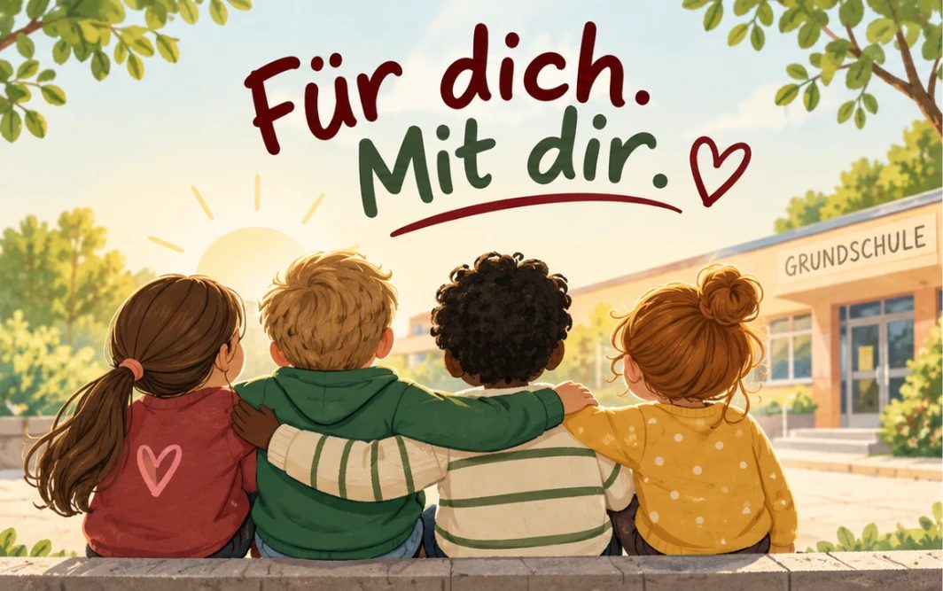 Vier Kinder sitzen Arm in Arm vor der Grundschule. Darüber steht: Für dich. Mit dir.