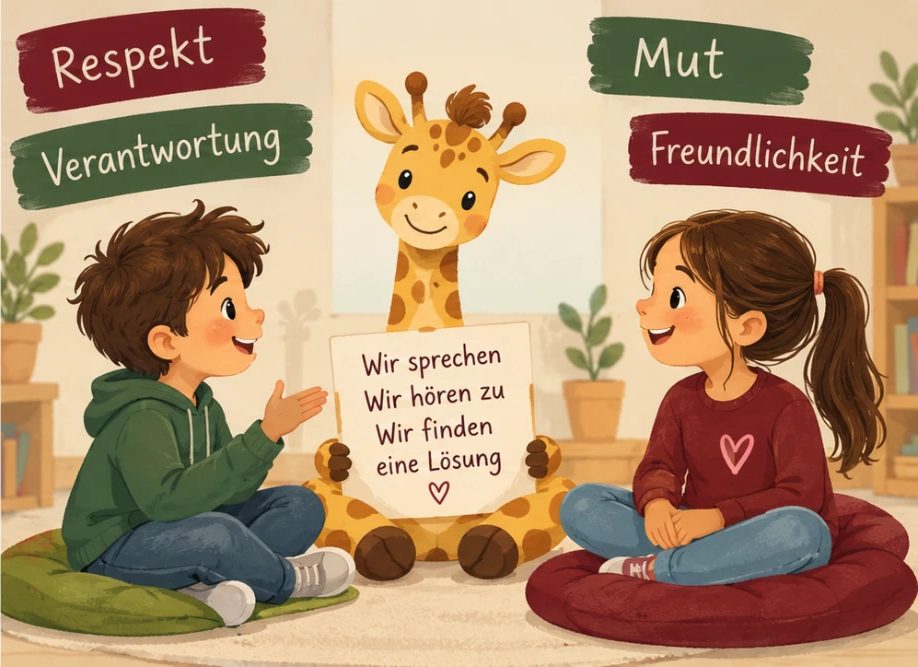 Zwei Kinder sprechen miteinander, dazwischen hält eine Giraffe ein Schild: Wir sprechen, wir hören zu, wir finden eine Lösung. Dazu die Werte Respekt, Verantwortung, Mut und Freundlichkeit.